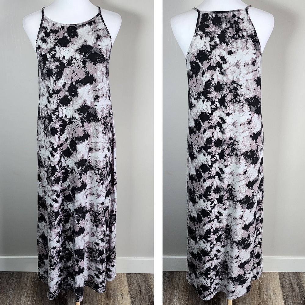 No Comment Maxi Dress Womens Large Tie Dye Camo Black White Tank Stretch Y2K